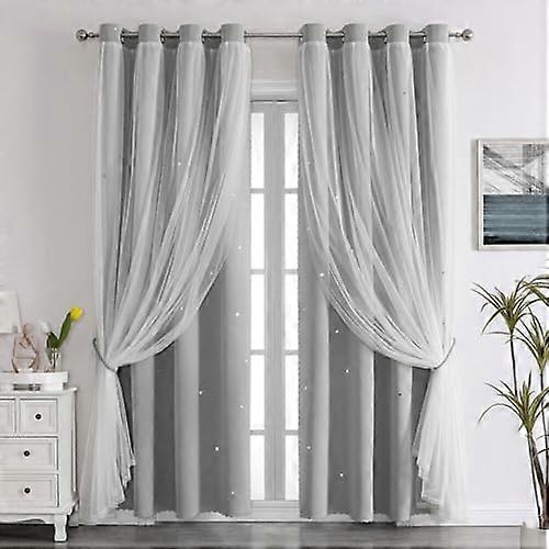 Thermal Blackout Curtains Gray Starry Design SemiSheer Polyester With Grommets Window Drapes 132x160cm
