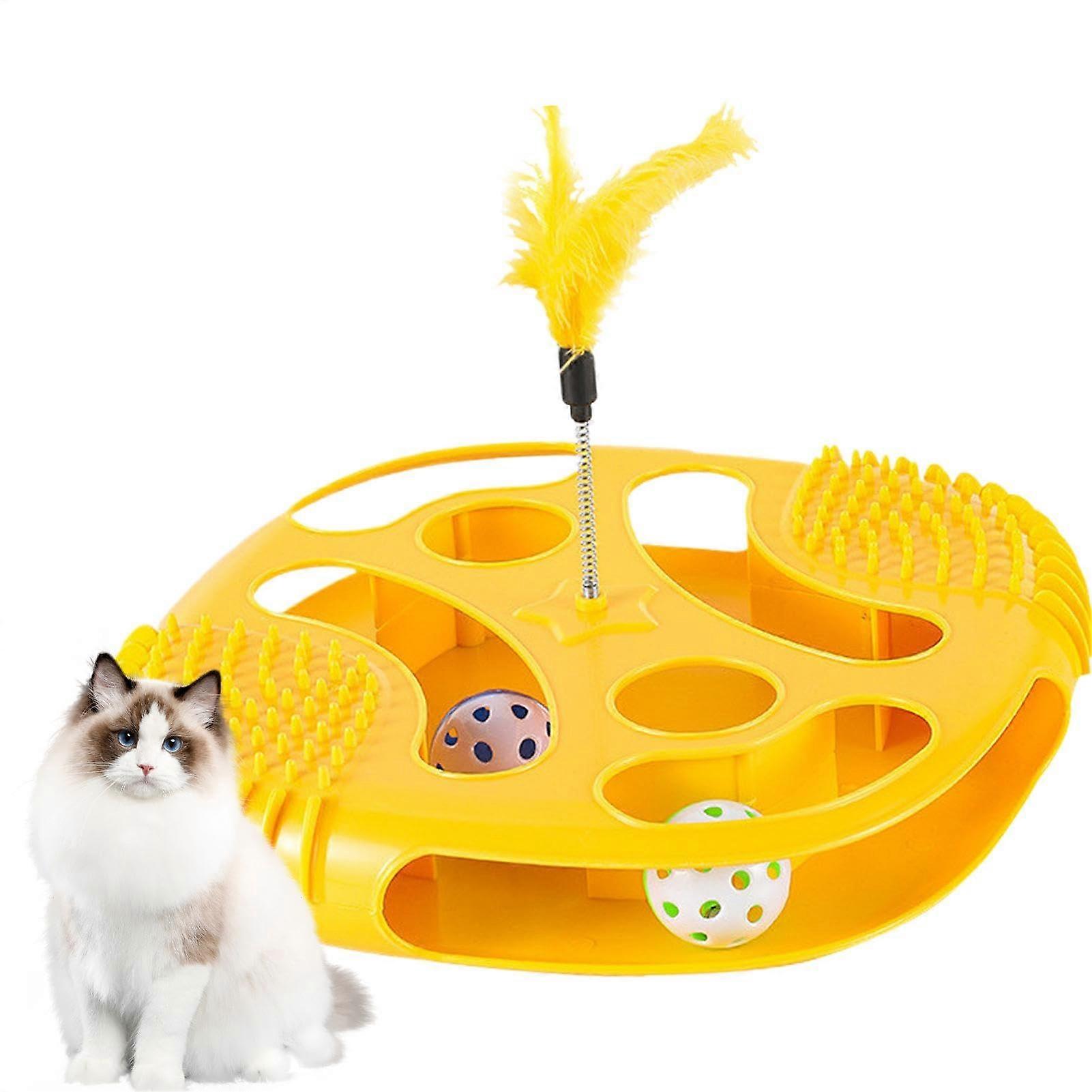 Cat Interactive Play Tray with Feather Teaser Ball and Hollow Sensory Balls for Exercise