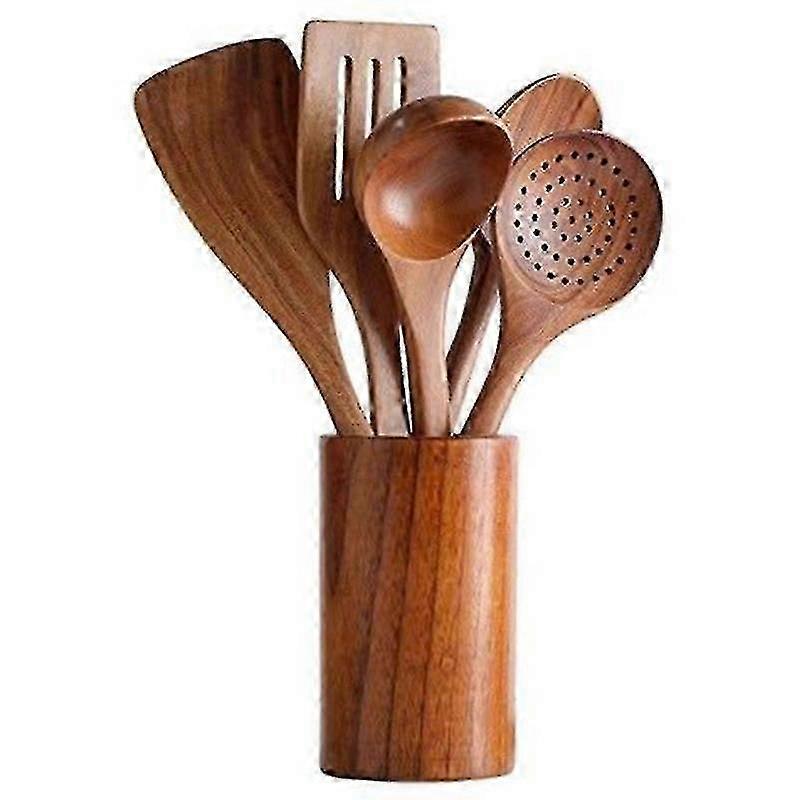 Teak Wooden Utensil Set for Nonstick Cookware - Spoons & Spatulas for Cooking