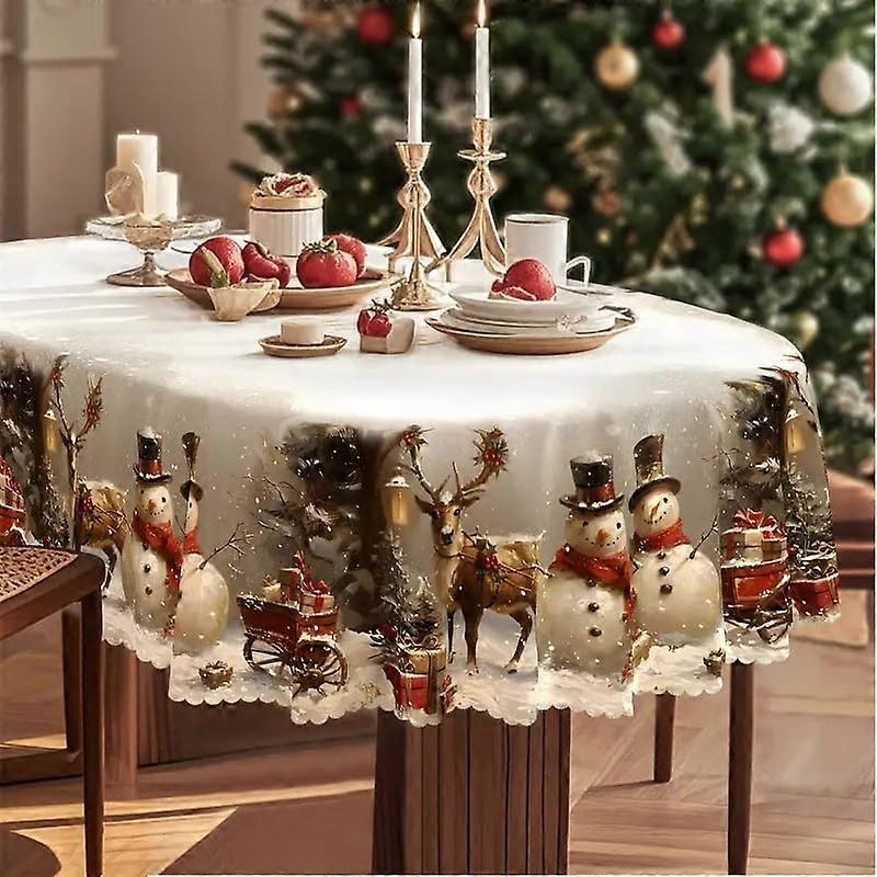 Christmas Tablecloth with Snowman and Reindeer, White Polyester Holiday Dining Table Cover 58x78 Rectangular