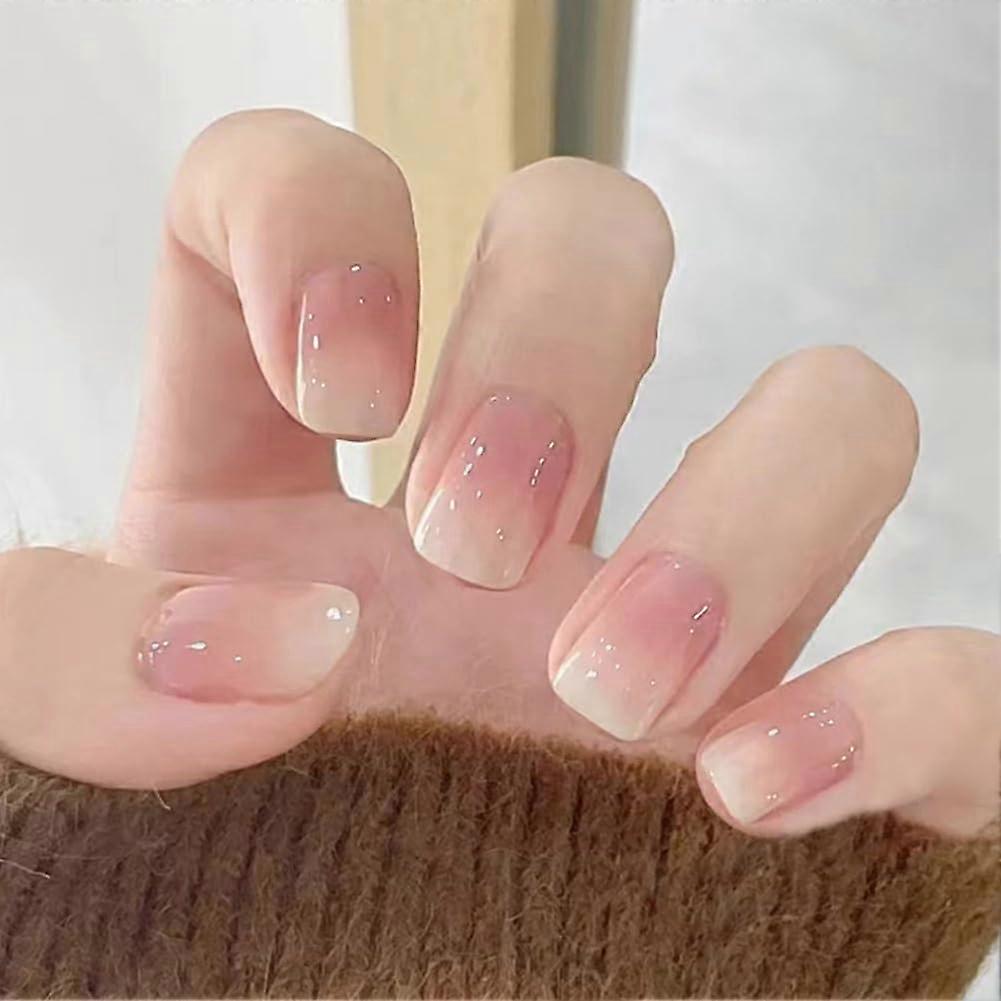 Pink Ombre Press on Nails Set Short Square Acrylic Fake Nails with Reusable Jelly Glue