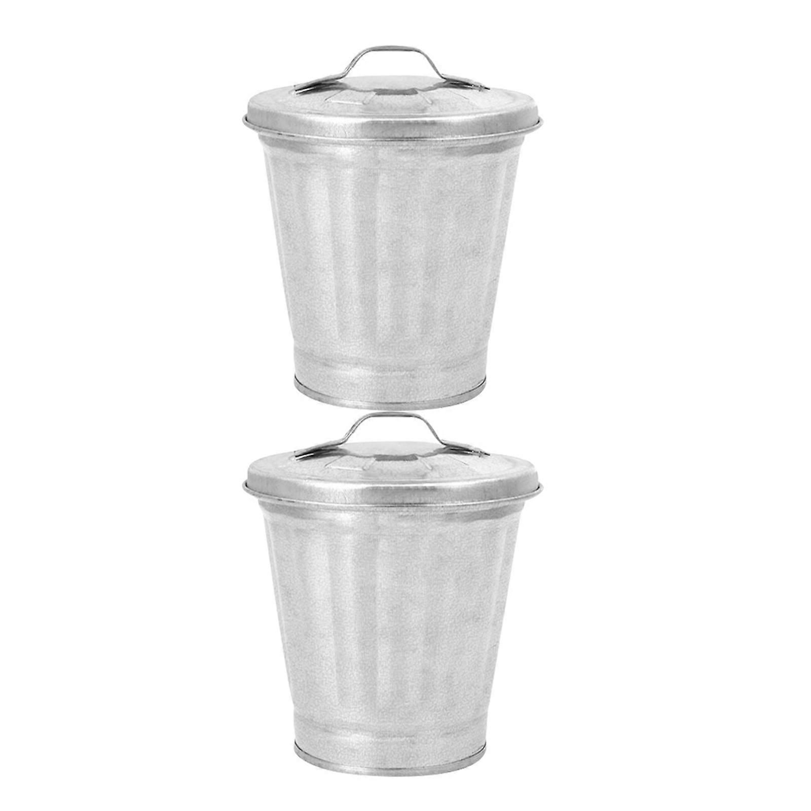 Galvanized Iron Wastebasket with Lid for Storage Use Silver Multifunctional Planter 2pcs