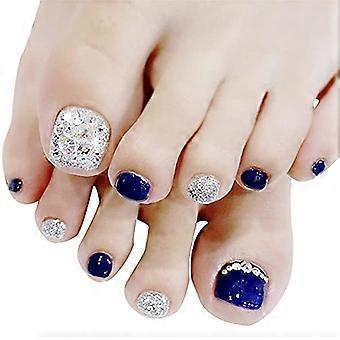 Blue Glitter Press On Toenails Set - Short Full Cover, Fast Styling, 24pcs