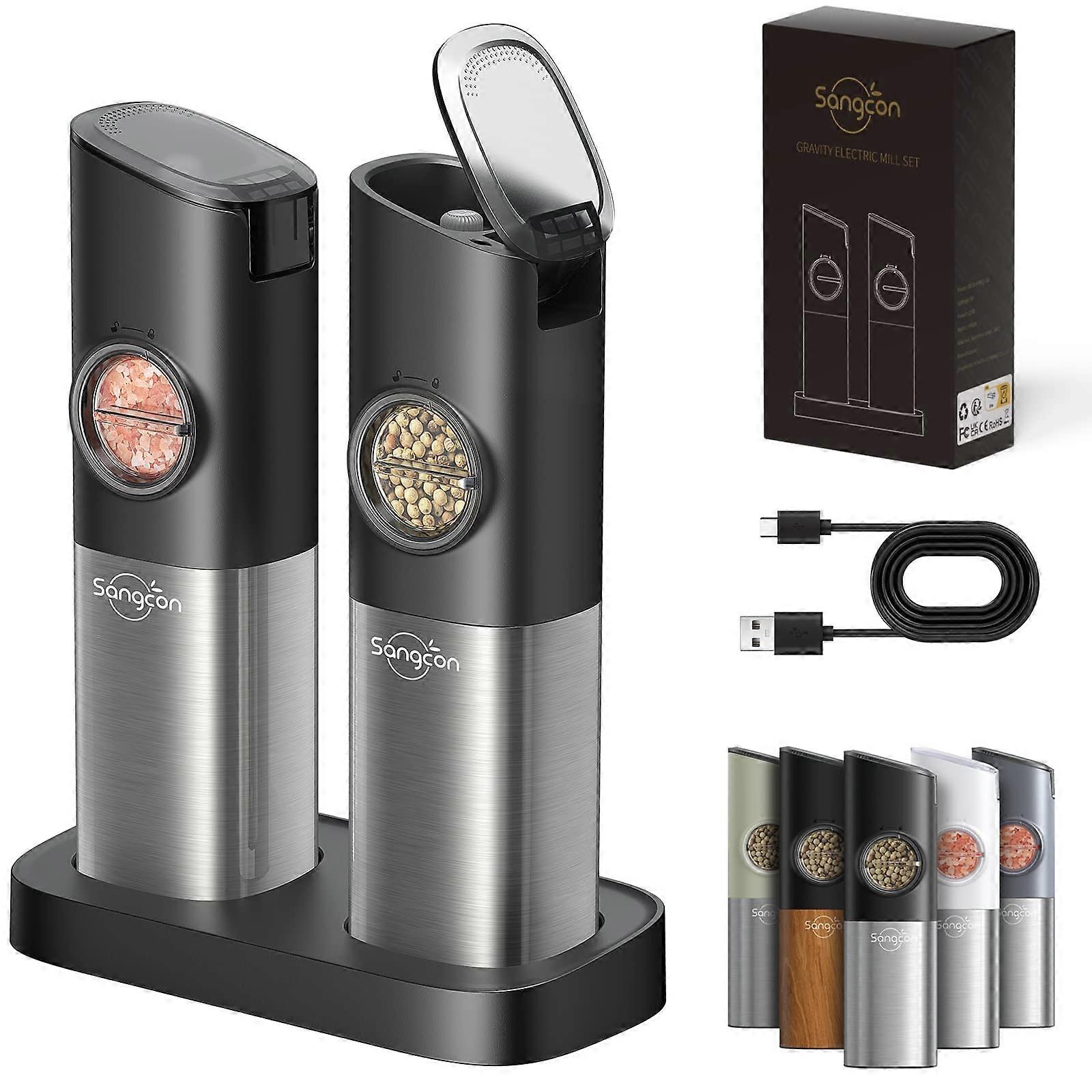 Electric Salt and Pepper Grinder Set USB Rechargeable Gravity Sensor Adjustable Coarseness LED Light Black Ref:9013