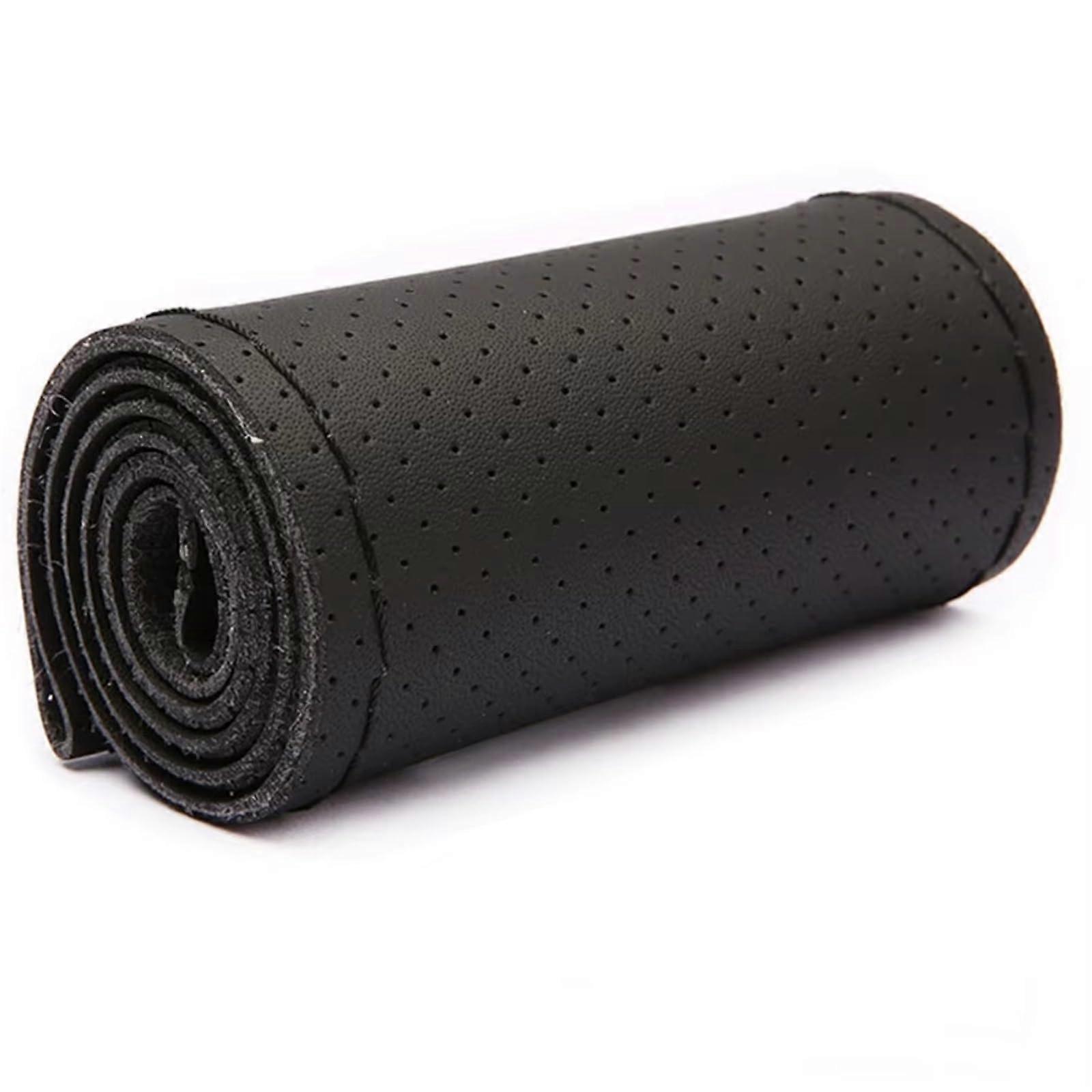 Black 38cm Leather Steering Wheel Cover with Needles and Thread for Improved Grip and Stability