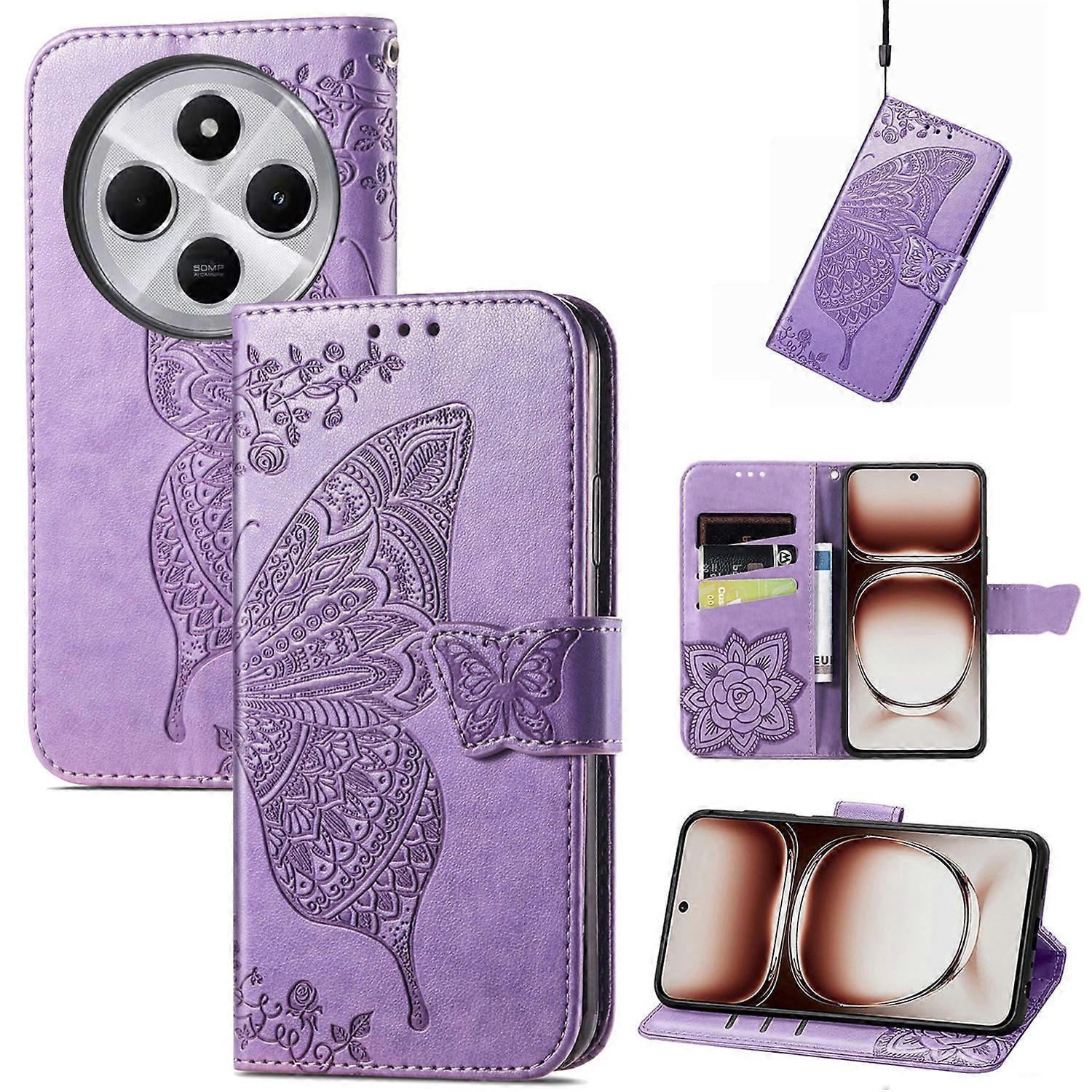 For Xiaomi Redmi 14C Faux Leather Wallet Phone Case Butterfly Design Cover Light Purple