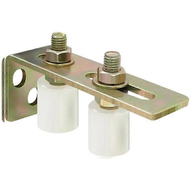 Guide roller for sliding gate with L-shaped riser support. Adjustable double nylon roller for sliding gates.