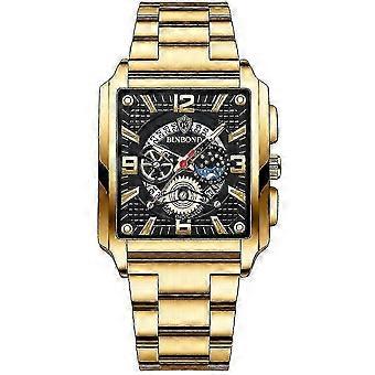 2026 BINBOND B6575 Herre Vintage Firkantet Multifunksjonell Lysende Quartz Klokke, Farge: Helgull-Svart