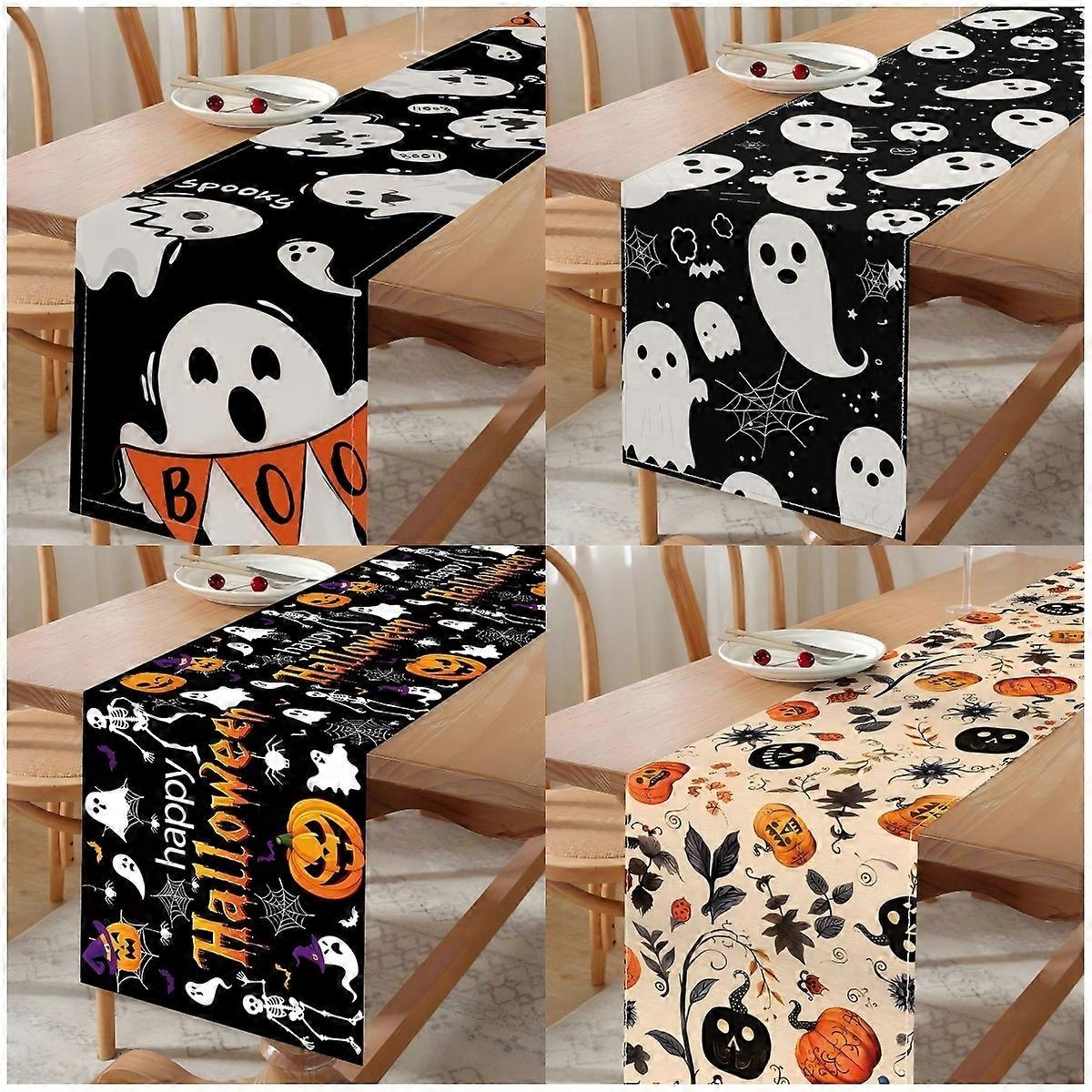 Halloween Pumpkin, Witch & Ghost Print Linen Table Runner
