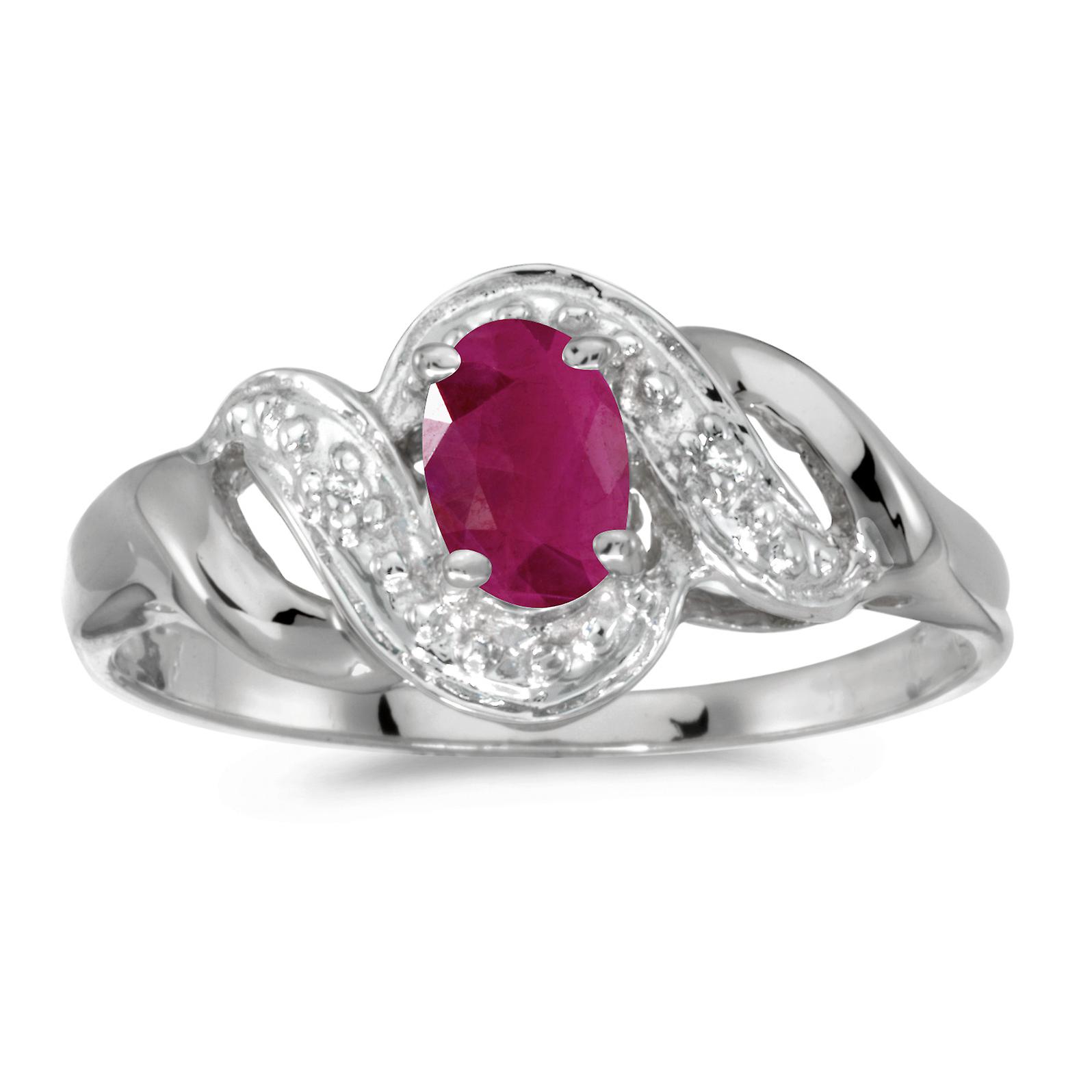 LXR 10k White Gold Oval Ruby and Diamond Swirl Ring 0.36 ct