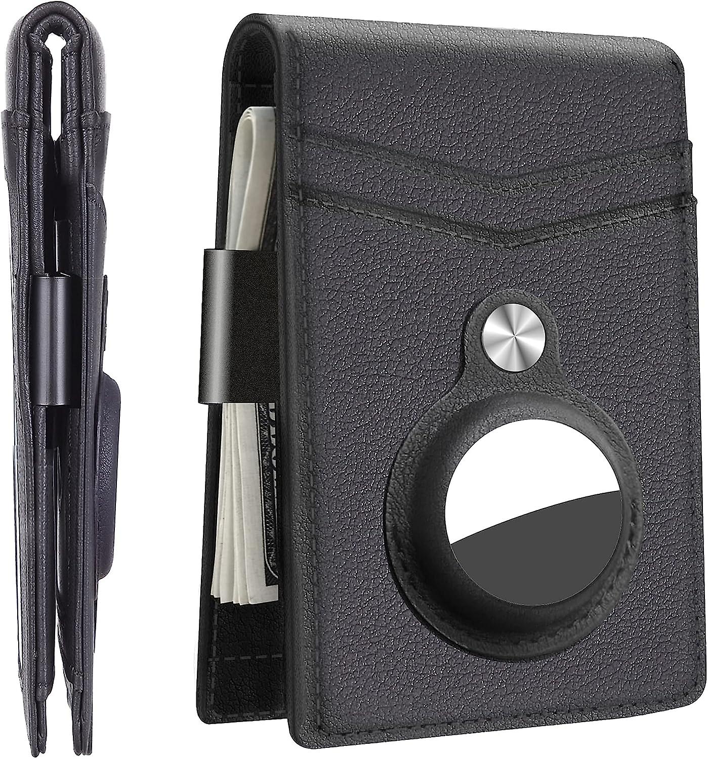 Slim bi-fold wallet with integrated AirTag case, black