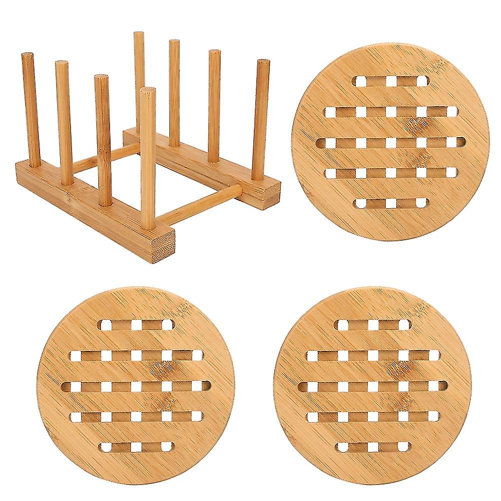 Bamboo Multifunctional Bowl Dish Draining Rack with Table Mat Insulation Pad Kit Kitchen Tool