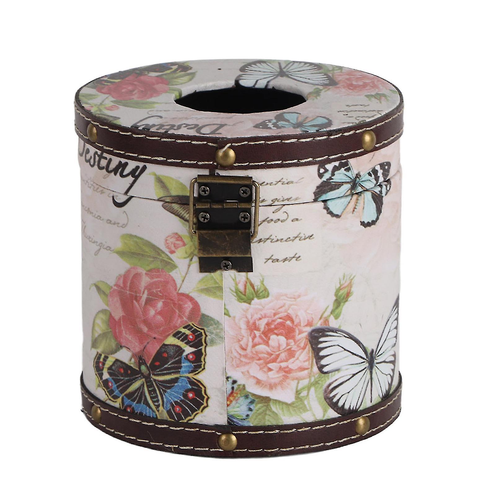 Vintage Retro Printed PU Wooden Tissue Box for Home Office Storage Holder Butterfly Rose Pattern