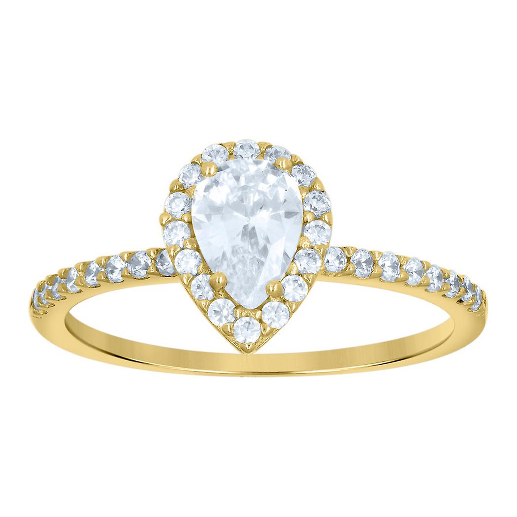 Bague de fiançailles pour femme en or jaune 10 carats, sertie d'un zircon cubique rond en forme de poire (9,9 x 7,7 mm).