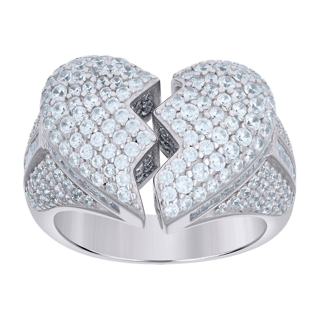 925 Sterling Silver Mens Cubic Zirconia Broken Love Heart Ring