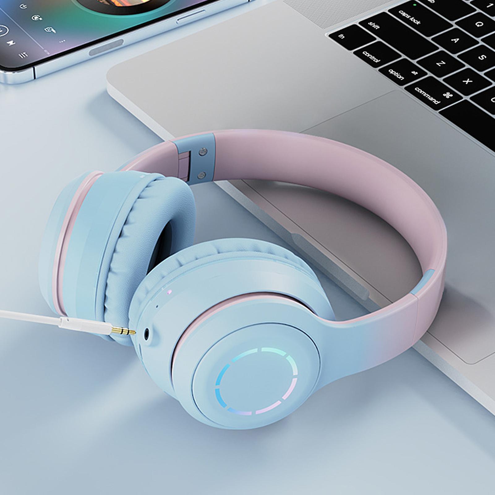 Bluetooth Headphone Heavy Bass Noise Cancelling Foldable Gradient Color Wireless Headset with Light for Phone Laptop Blue 