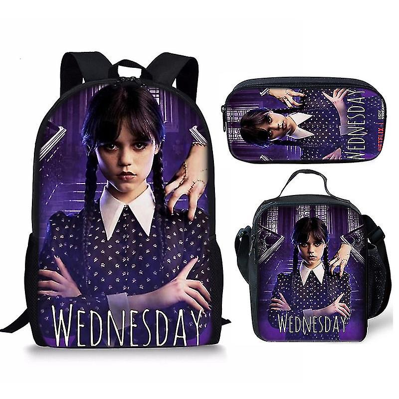 Wednesday Addams Character Print Skolväska Barn Ryggsäck Tredelat Set För Barnpresenter Hög kvalitet