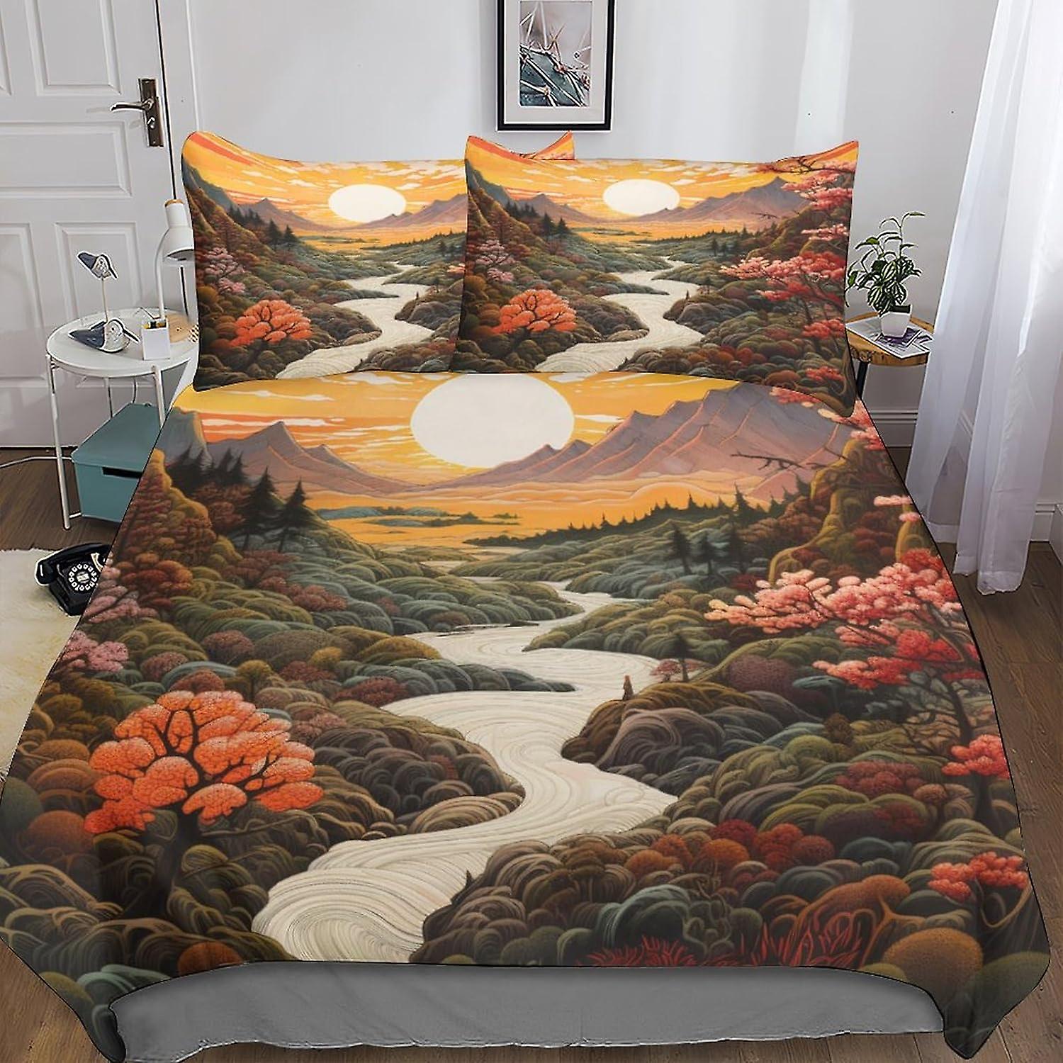 VCLUST River Comforter Cover 3D Print Bedding Set Decorative 3 Piece Set Sunset Duvet Cover Set Bedspread Cover with Pillowcase Soft Microfiber Zipper