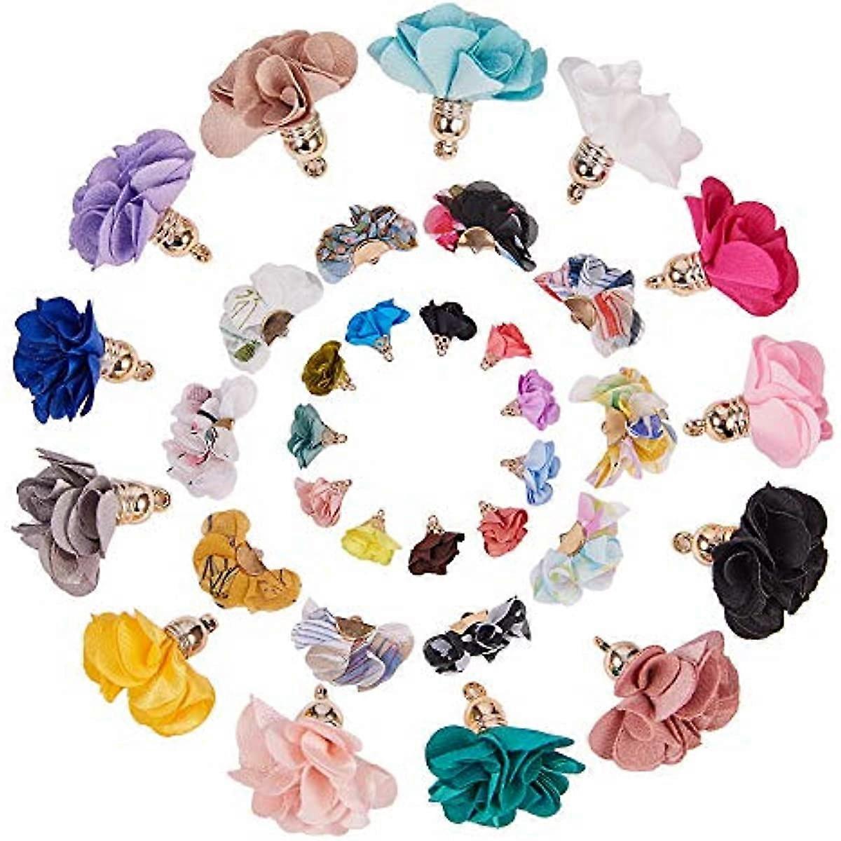 60pcs 3 Style Mixed Random Color Cloth Flower Charms Pendants Fabric Floral Petal Tassel with Metal Caps Key Chain for Jewelry Making