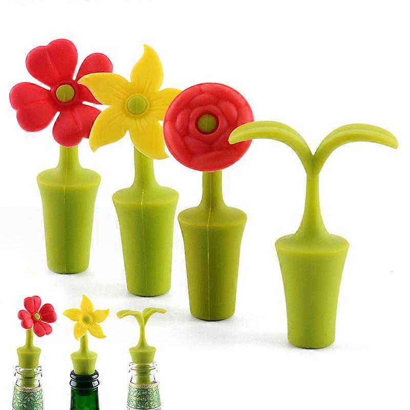 Wine Bottle Stopper, Wine Corks Saver Sealer, Set of 4 as Wine Gifts, Silicone Flowers