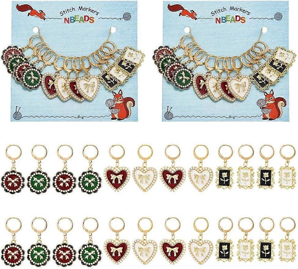 24pcs 3shapes Alloy Enamel Heart/Rectangle/Flower Pendant Locking Stitch Markers with 304 Stainless Steel Clasps Mixed Color