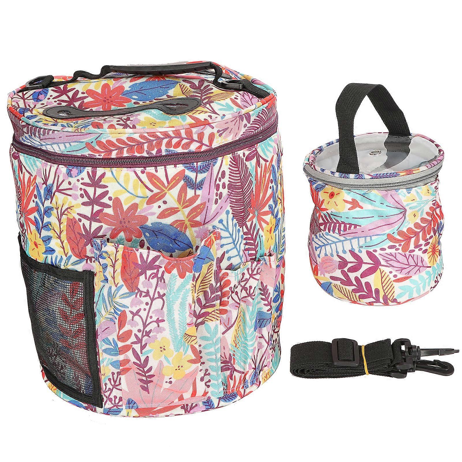 2Pcs Storage Bag 600D Oxford Cloth Printing MultiPocket Hand Strap Cylinder Shape Package(Orange Leaves )