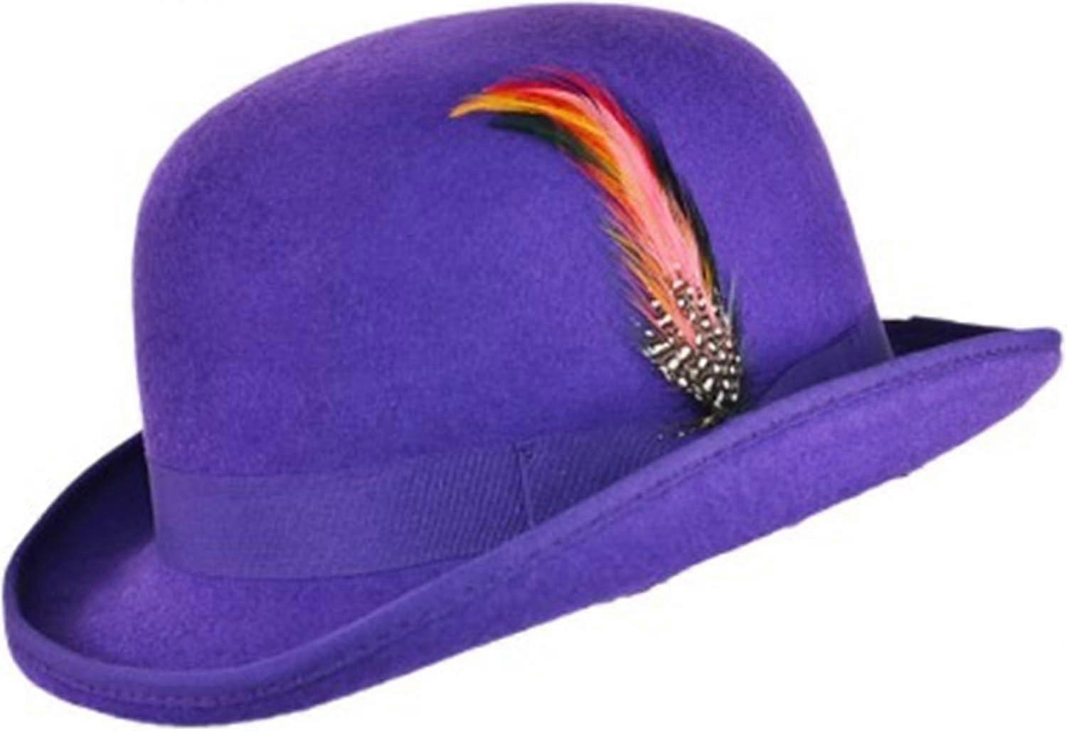 Unisex Hard Top Wool Bowler Hat With Feather Satin Lined Sizes S To Xl