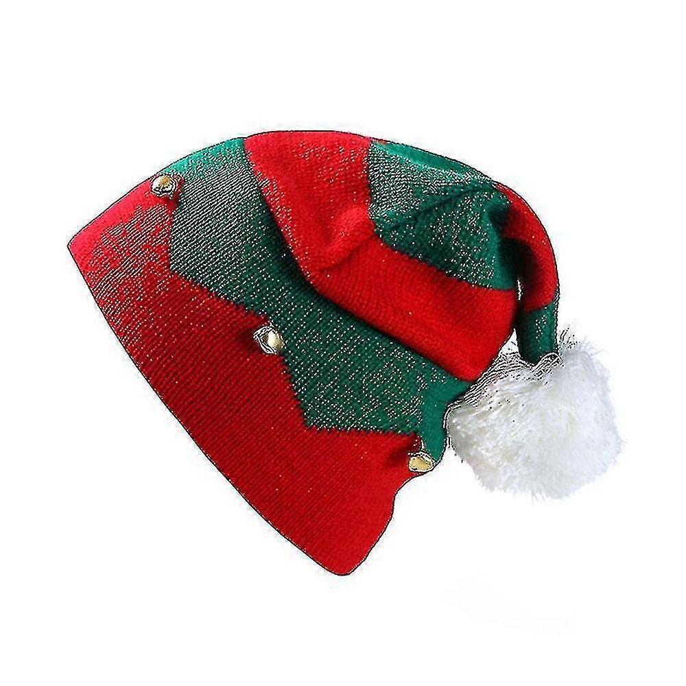 Kids Christmas Knitted Elf Hat With Small Bells Color Stripes Pompom Cap
