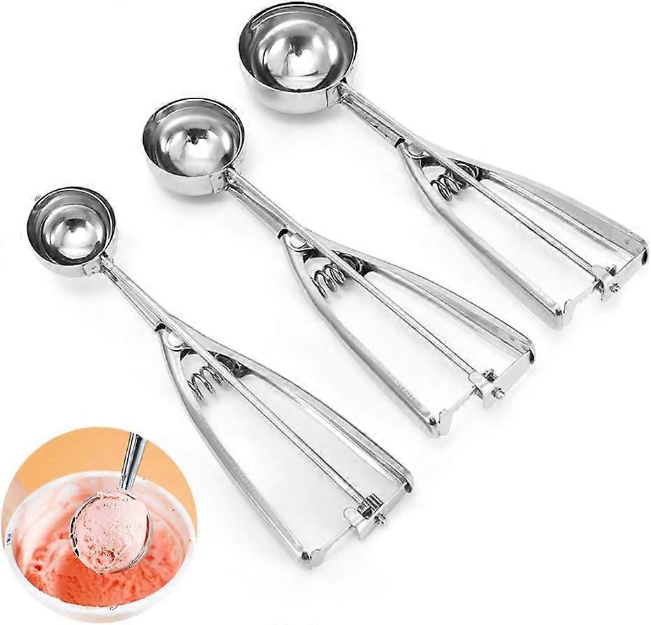 Set of 3 Stainless Steel Ice Cream Scoops with Trigger, for Cookies, Cake Dough, Cupcake, Muffin, Meatball, Melon