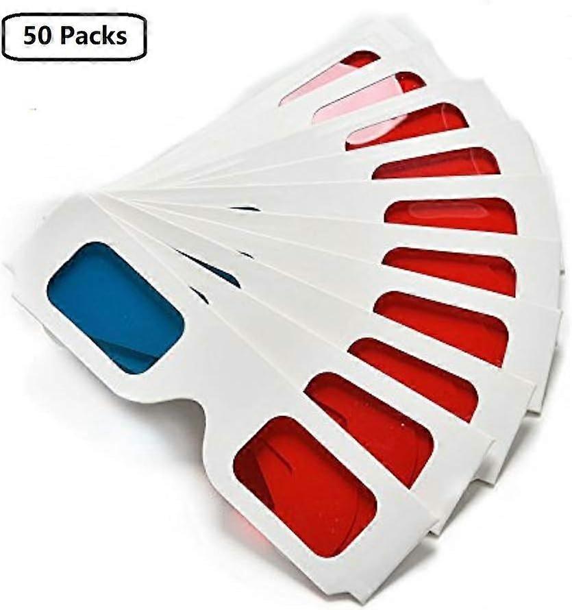 3D Paper Glasses, Anaglyph Red and Cyan, White Cardboard Frame, 50 Pairs