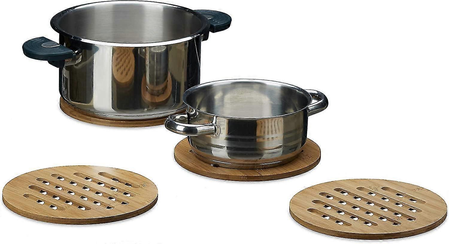 Round Bamboo Coasters Set Of 3 With three storage racks Coasters Saucepan Wood Stove , Nature