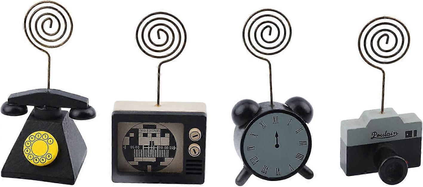 4pcs Wood Place Card Holders Vintage Card Photo Holder Stand Camera/Clock/TV/Telephone Table Card Holders Name Number Note Memo Clip Stand for Party O