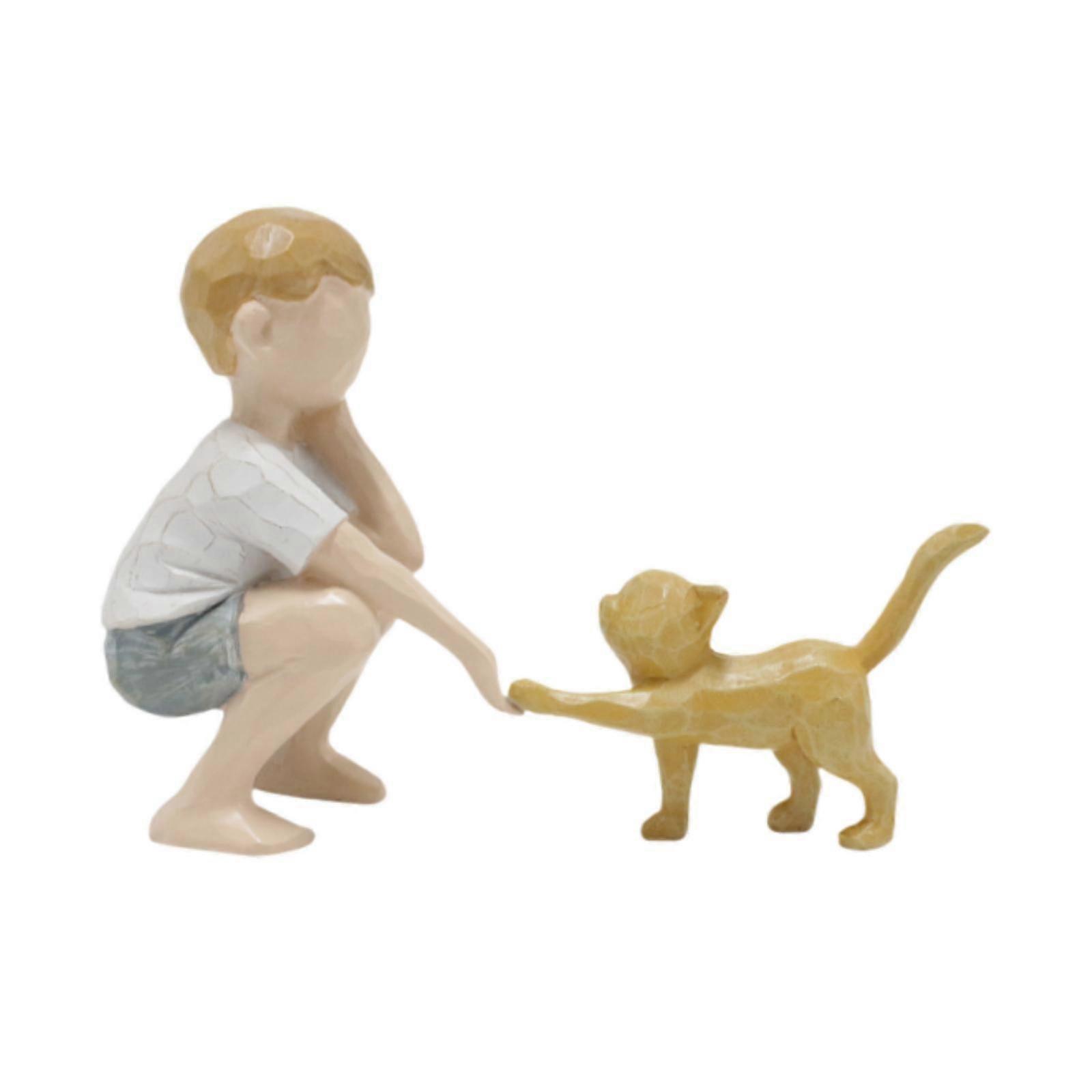 Boy and Cat Statue Gift Resin Ornament for Cabinet Office Table Centerpieces