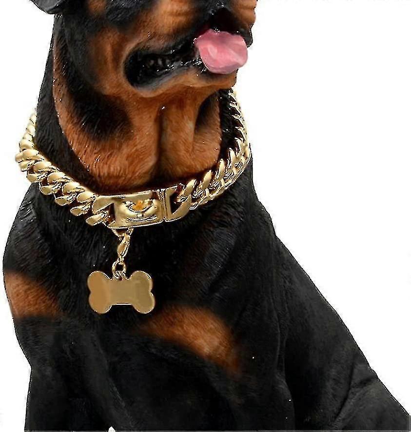 Gold Dog Chain Choke Collar, Solid Cuban Link Strong, Heavy Duty Chew Resistant mit Design Secure Buckle und Blank Bone Shape Id Tag