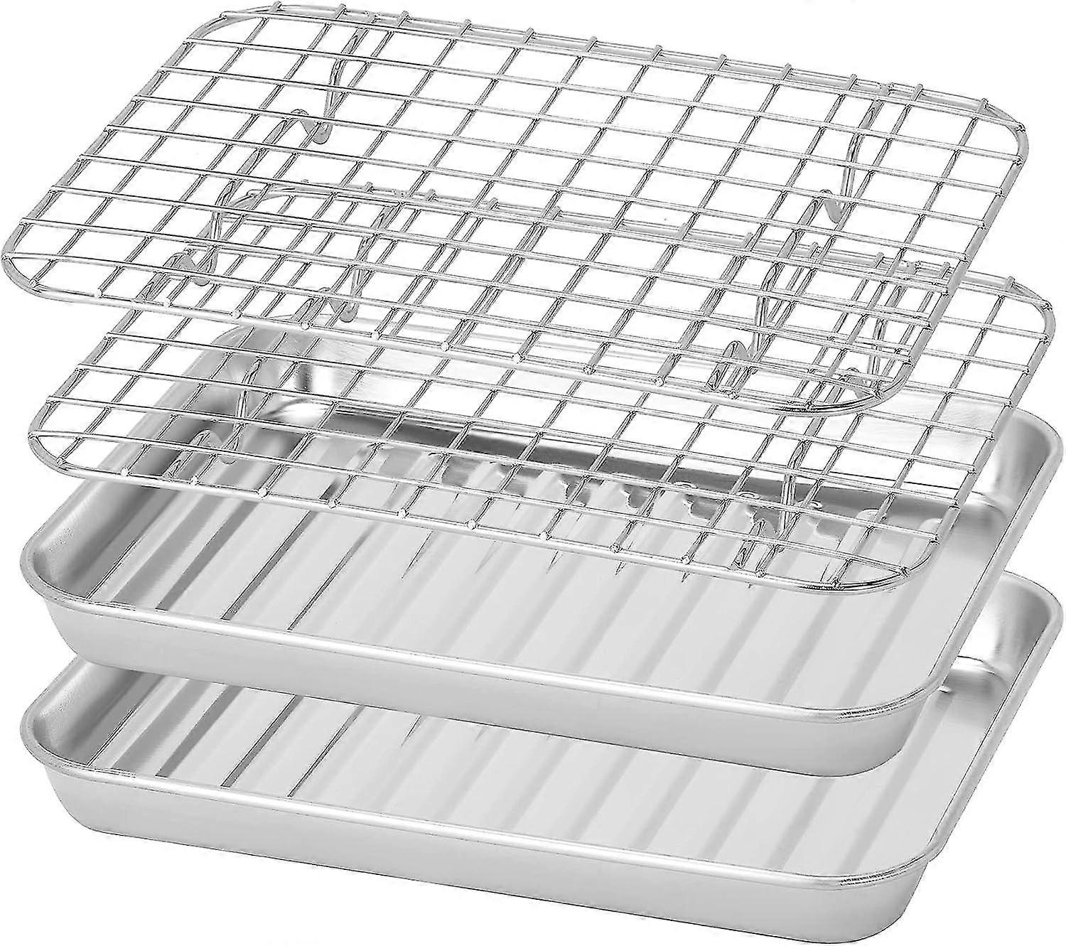 Baking Sheet With Grid Rack Set (2 Pans + 2 Racks), 9 X 7 X 1" Stainless Steel Cookie Sheet With Cooling Rack, Toaster Oven Tray And Rack Set