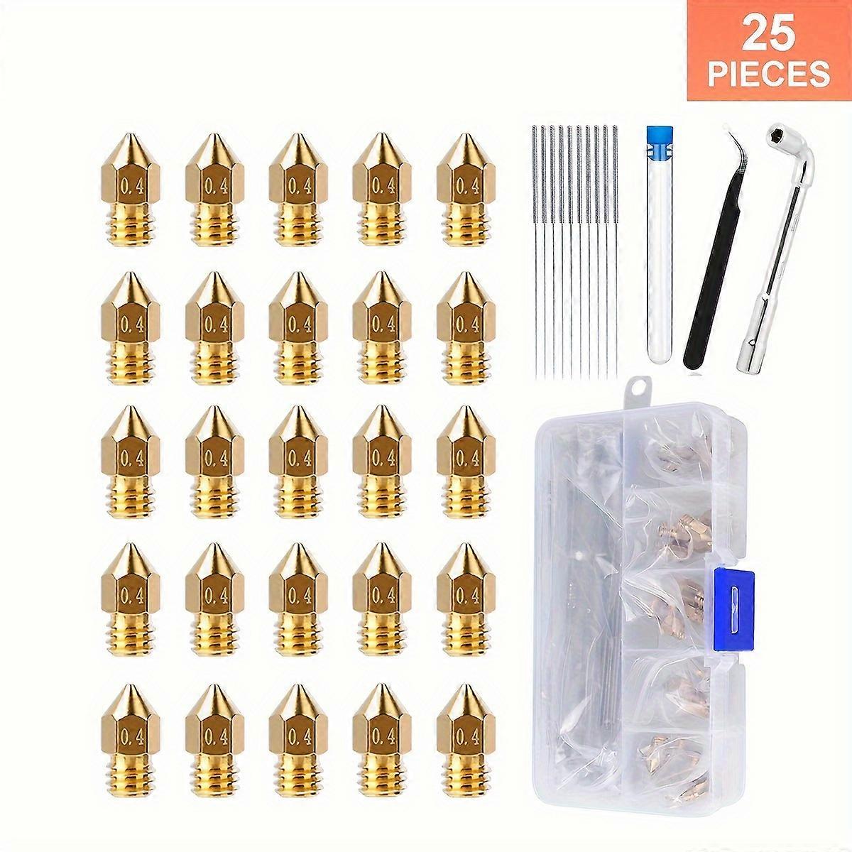 25pcs MK8 Ender 3 V2 Nozzles 0.4MM, 3D Printer Brass Hotend Nozzles With DIY Tools Storage Box For Creality Ender 3/Ender 3 Pro/Ender 3 Max/5 Pro/Ende
