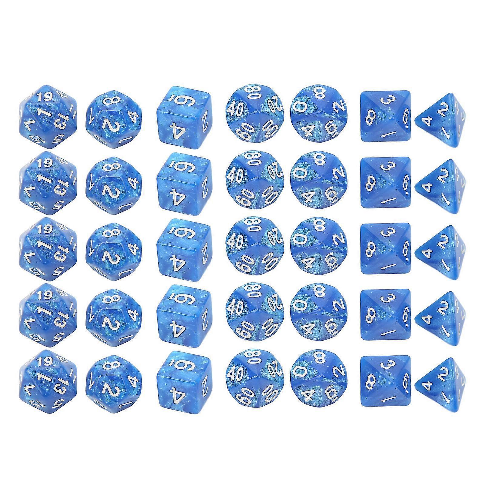 35Pcs Blue Pearl Pattern Polyhedral Dices for Game and Education - White Numbers
