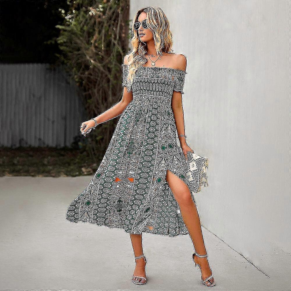 Elegant Floral Print Hem Split Dresses Women Summer Dress Boho Holiday Slash Neck Short Sleeve Swing Midi Dress