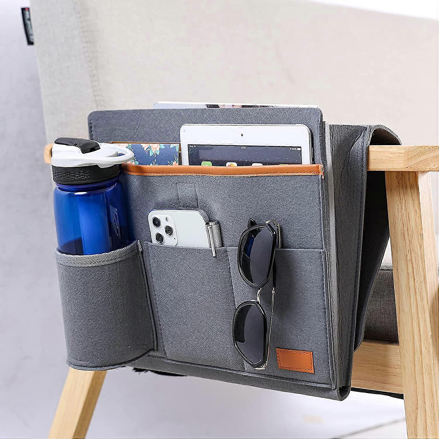 Bedside Storage Box - Spacious felt bedside storage box with 4 pockets - Practical hanging storage for water bottles