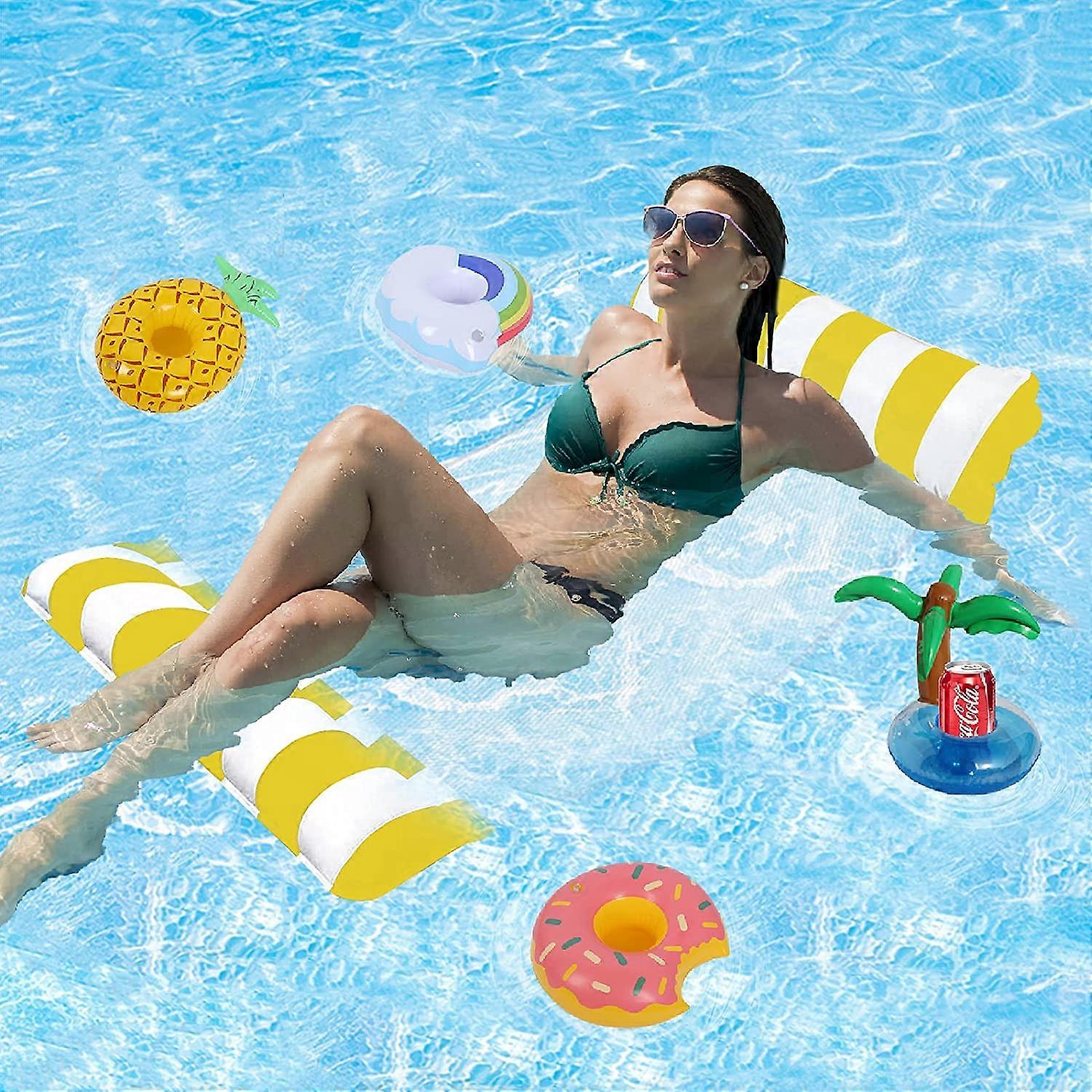 Inflatable Pool Floats with 4Pcs Inflatable Drink Holders, Portable Water Pool Hammock Drifter Saddle Lounger Chair Drink Floats Inflatable Cup for Ad