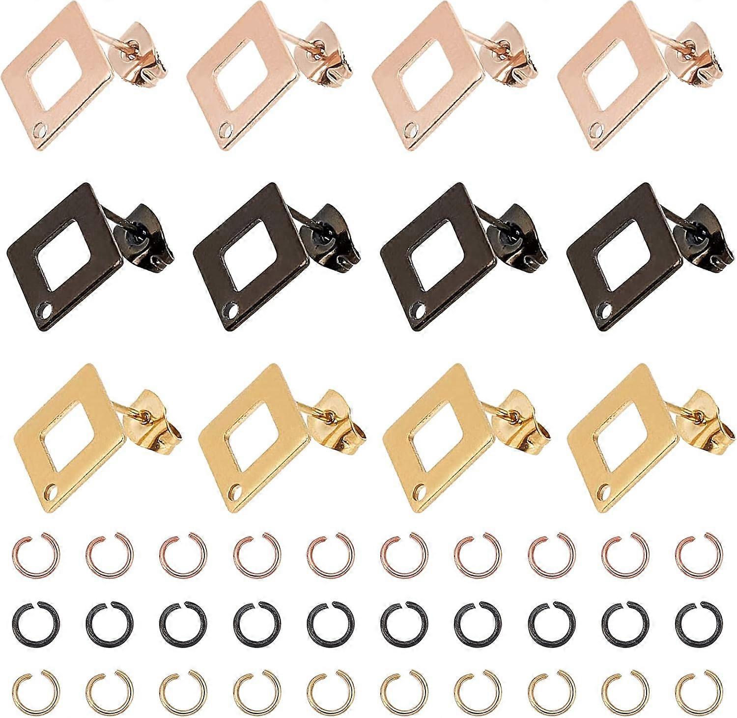 3 Colors 24pcs Rhombus Stud Earring with Loop Hypoallergenic Earring Post 0.8mm Pin Stainless Steel Earring Findings Square Ear Studs for DIY Earrings