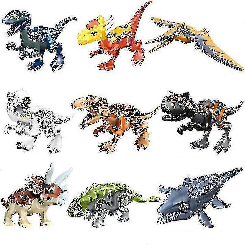 9pcsジュラ紀恐竜ビルディングブロックT-rexヴェロキラプトルモササウルストリケラトプスアクションフィギュア子供のおもちゃギフト