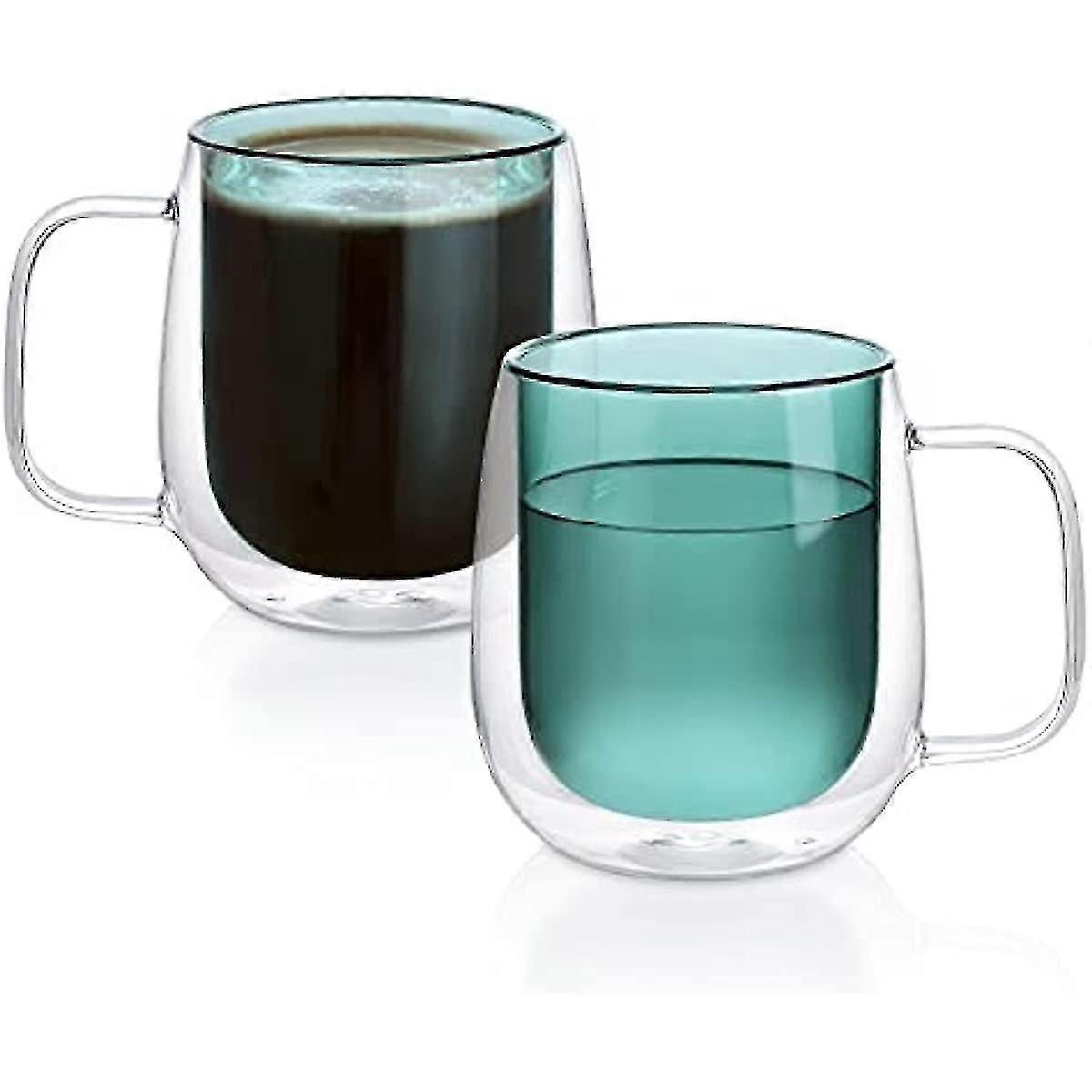 400ml Double Walled Glass Mugs - Set Of 2 Coloured Glass Insulated Coffee Mug - Large Green Double Walled Drinking Glasses With Handle For Cappuccino
