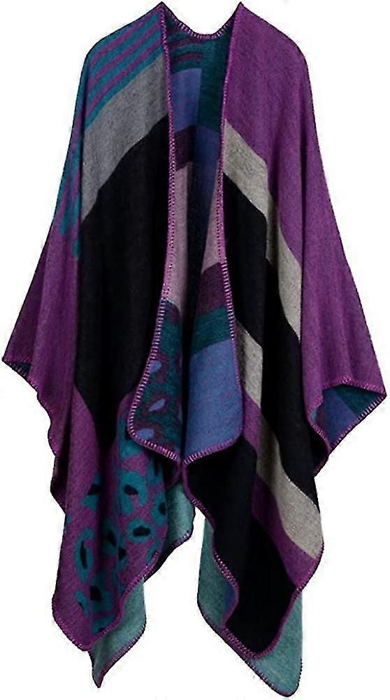 Women's Color Block Shawl Wrap Plus Size Cardigan Poncho CapeFront Long Winter Sweater Coat