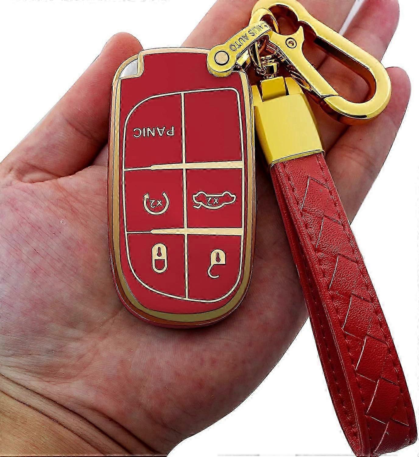 for Jeep key fob cover with Leather keychain,Fashion Soft TPU Protector Key Shell Compatible with Grand Cherokee Renegade Chrysler Durango Journey rem
