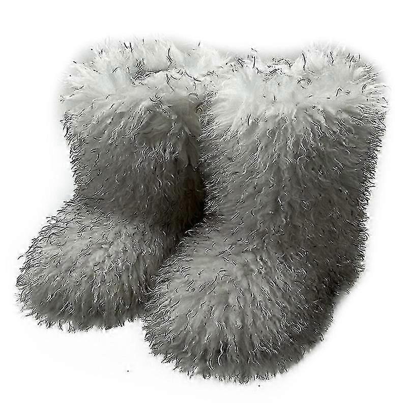 Faux Fur Boots For Women Fuzzy Fluffy Furry Round Toe Suede Winter Boots Flat Shoes-Yvan