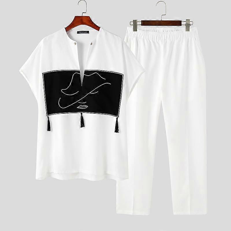 INCERUN Summer Men's 2PCS Sets Stitching Color Short Sleeves Tops Long Pants
