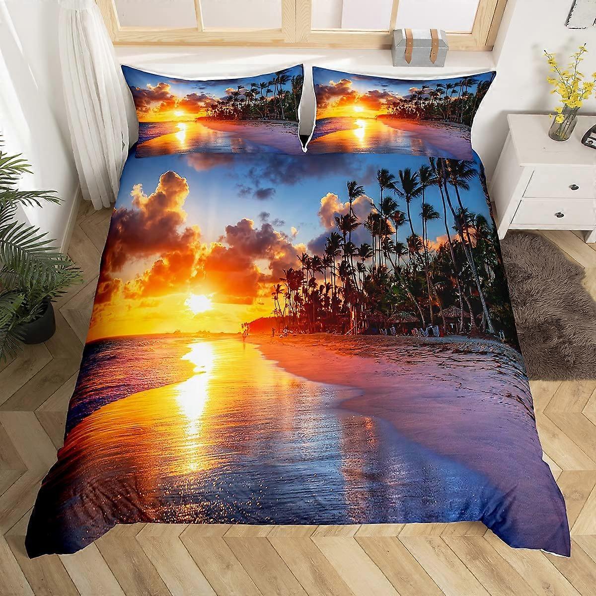 Beach Duvet Cover Set Queen Size Tropical Ocean Bedding Microfiber with 2 Pillow Shams Sunset 3D Print (No Comforter)