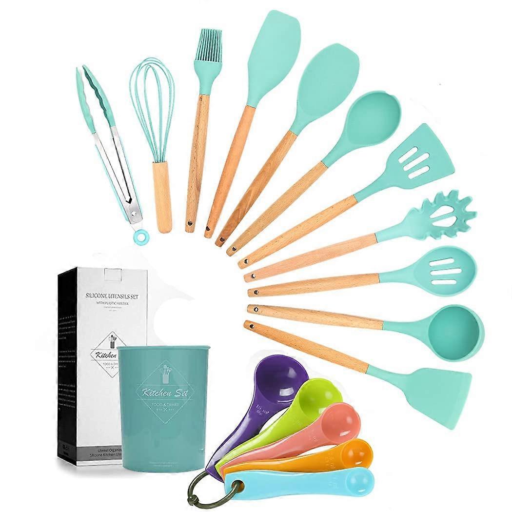 Silicone Utensils Set 17-Piece With Wooden Handle, Heat-Resistant Kitchen Tools For Non-Stick Cookware, Drak Green