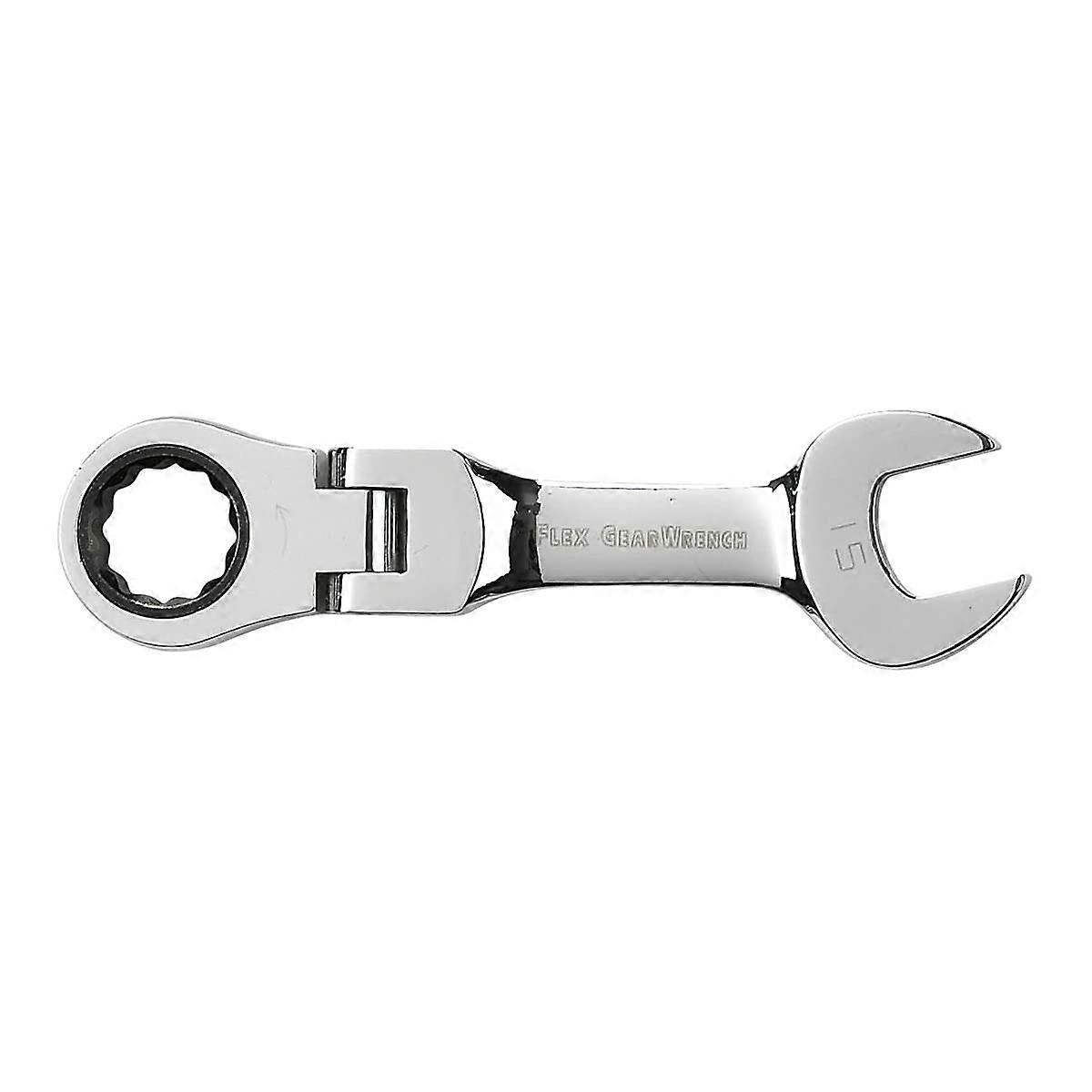 12 Pt. Stubby Flex Head Combination Ratcheting Wrench 15mm, Chrome Vanadium Steel, Model 9556, Durable and Compact